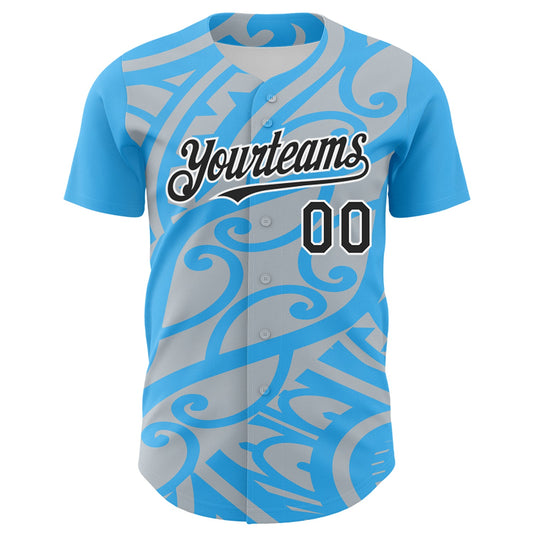 Custom Sky Blue Black Silver-White 3D Polynesian Style Islander Authentic Baseball Jersey - Sky-Custom