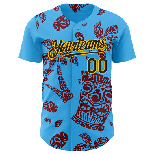 Custom Sky Blue Black Crimson-Gold 3D Polynesian Style Tiki Culture Islander Authentic Baseball Jersey - Sky-Custom
