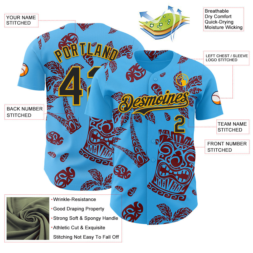 Custom Sky Blue Black Crimson-Gold 3D Polynesian Style Tiki Culture Islander Authentic Baseball Jersey - Sky-Custom