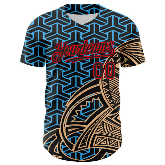Custom Black Sky Blue Old Gold-Fire Red 3D Polynesian Style Islander Authentic Baseball Jersey - Sky-Custom