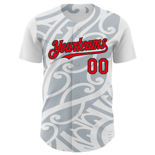 Custom White Fire Red Silver-Black 3D Polynesian Style Islander Authentic Baseball Jersey - Sky-Custom