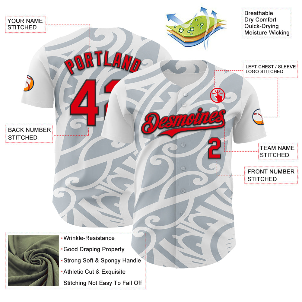 Custom White Fire Red Silver-Black 3D Polynesian Style Islander Authentic Baseball Jersey - Sky-Custom