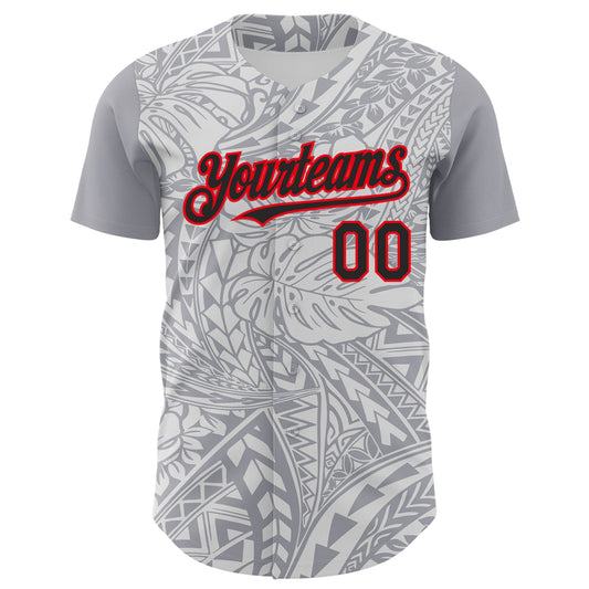 Custom Gray Black White-Fire Red 3D Polynesian Style Palm Leaves Islander Authentic Baseball Jersey - Sky-Custom