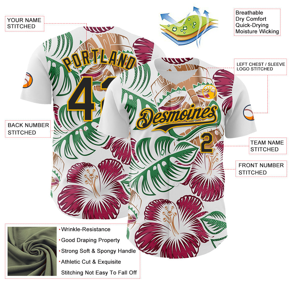 Custom White Black-Gold 3D Polynesian Style Tiki Culture Palm Leaves Islander Authentic Baseball Jersey - Sky-Custom