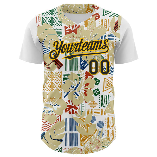 Custom White Black-Gold 3D Polynesian Style Palm Leaves Islander Authentic Baseball Jersey - Sky-Custom