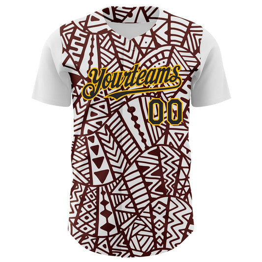 Custom White Black Brown-Gold 3D Polynesian Style Islander Authentic Baseball Jersey - Sky-Custom