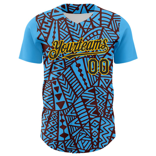 Custom Sky Blue Black Brown-Gold 3D Polynesian Style Islander Authentic Baseball Jersey - Sky-Custom