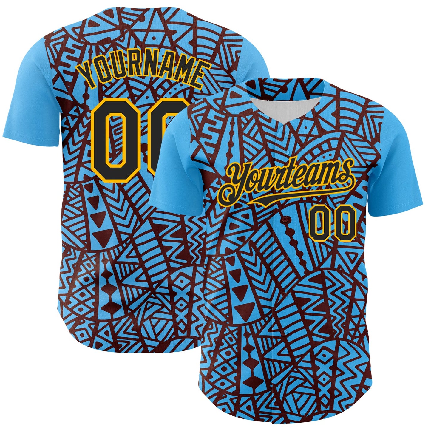 Custom Sky Blue Black Brown-Gold 3D Polynesian Style Islander Authentic Baseball Jersey - Sky-Custom