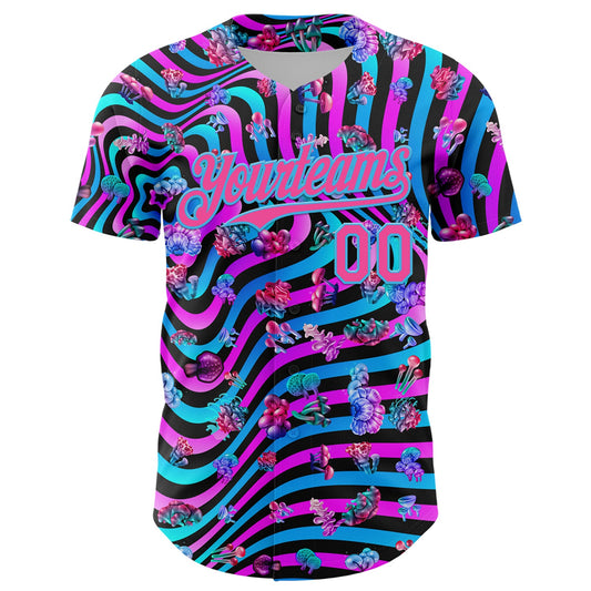 Custom Black Pink Purple-Sky Blue 3D Pattern Design Trippy Psychedelic Magic Mushrooms Authentic Baseball Jersey - Sky-Custom