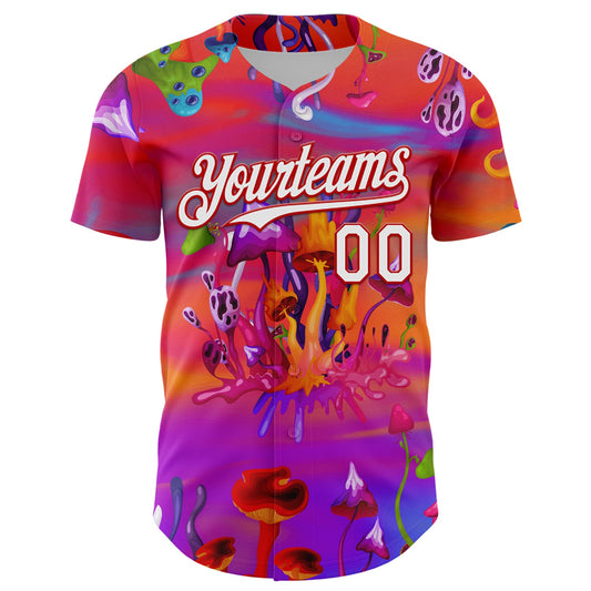 Custom Red White 3D Pattern Design Trippy Psychedelic Magic Mushrooms Authentic Baseball Jersey - Sky-Custom
