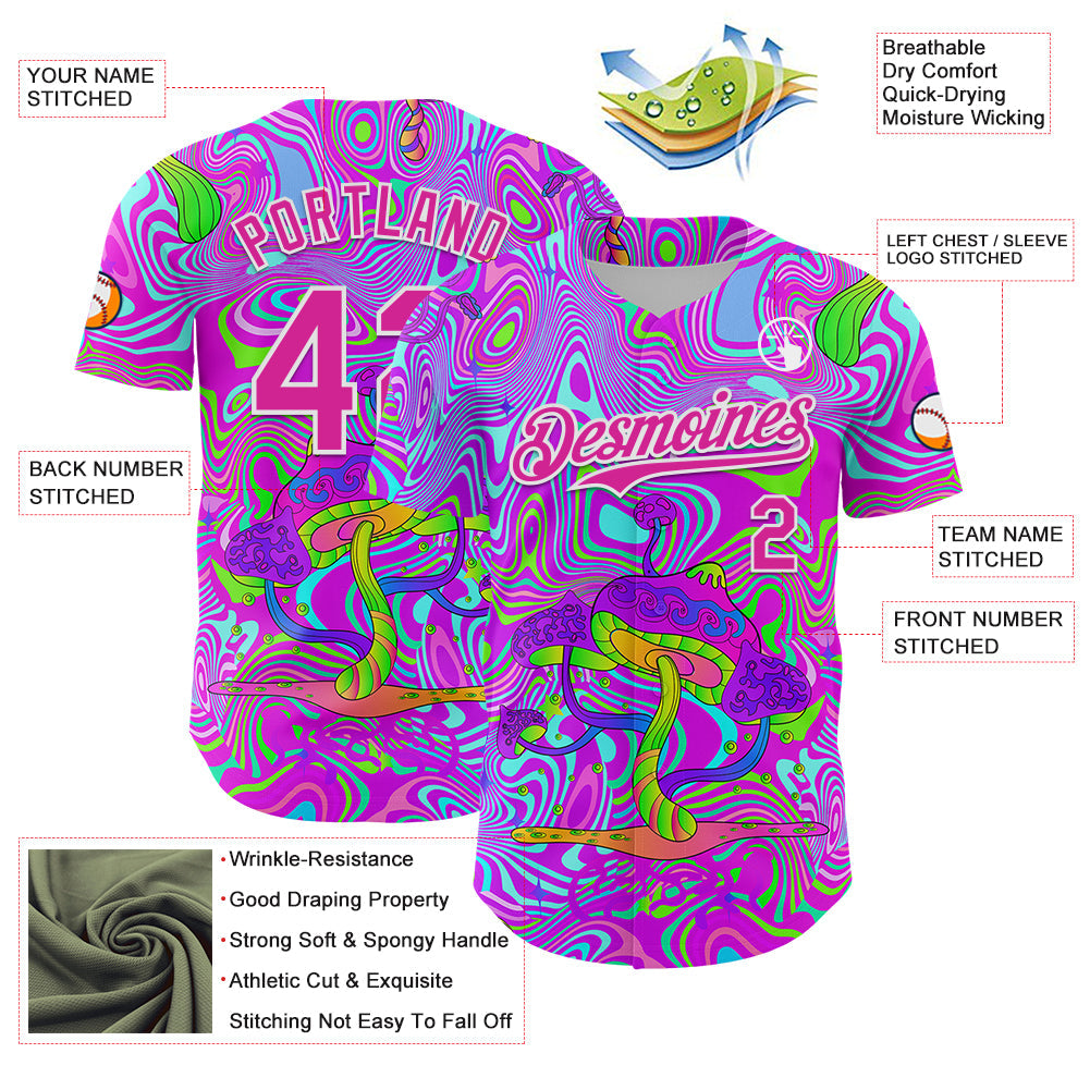 Custom Purple Deep Pink-White 3D Pattern Design Trippy Psychedelic Magic Mushrooms Authentic Baseball Jersey - Sky-Custom