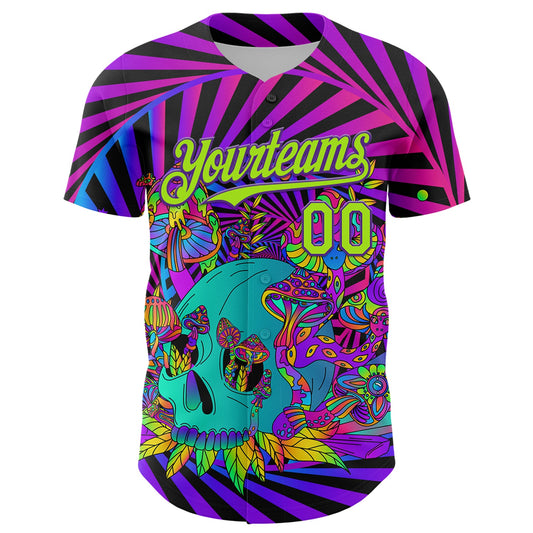 Custom Purple Neon Green 3D Pattern Design Trippy Magic Mushrooms Skull Authentic Baseball Jersey - Sky-Custom