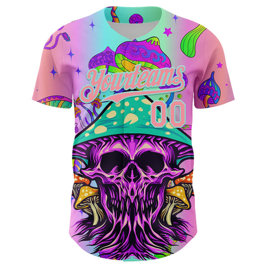 Custom Purple Medium Pink-Ice Blue 3D Pattern Design Trippy Magic Mushrooms Skull Authentic Baseball Jersey - Sky-Custom