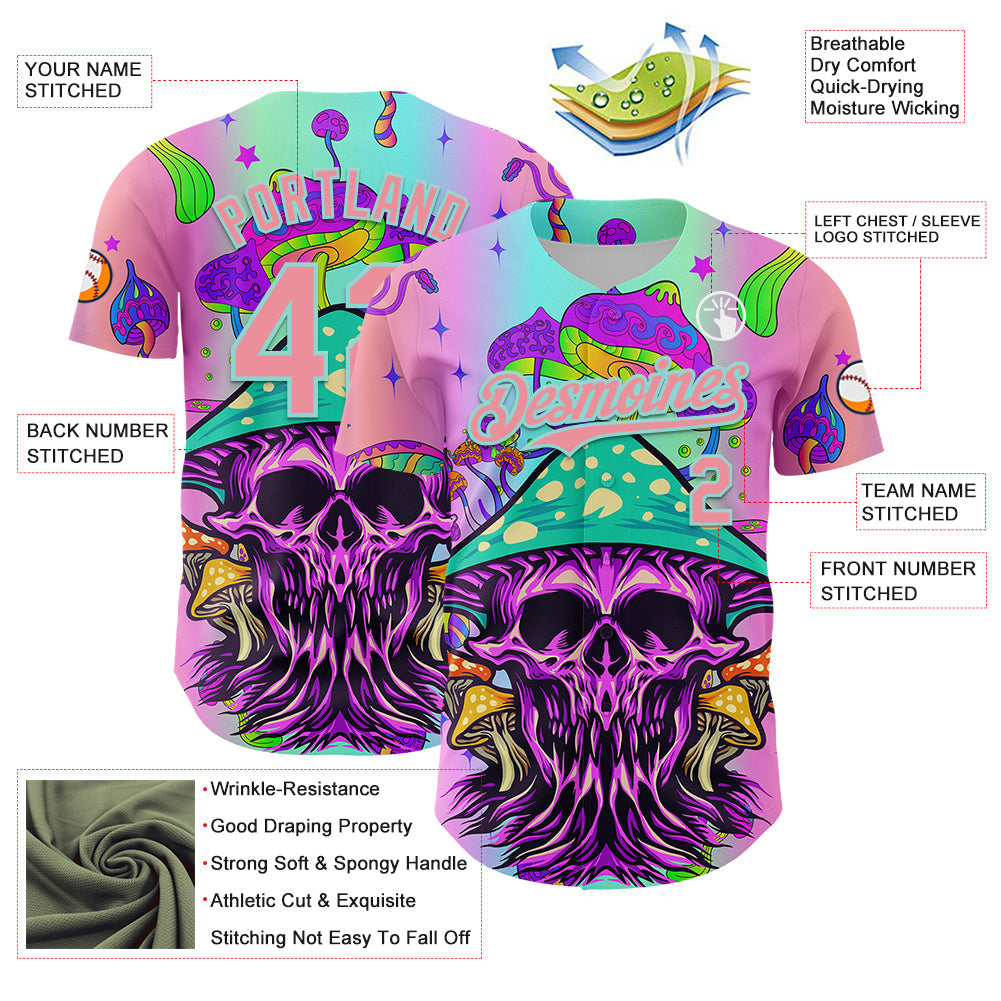 Custom Purple Medium Pink-Ice Blue 3D Pattern Design Trippy Magic Mushrooms Skull Authentic Baseball Jersey - Sky-Custom