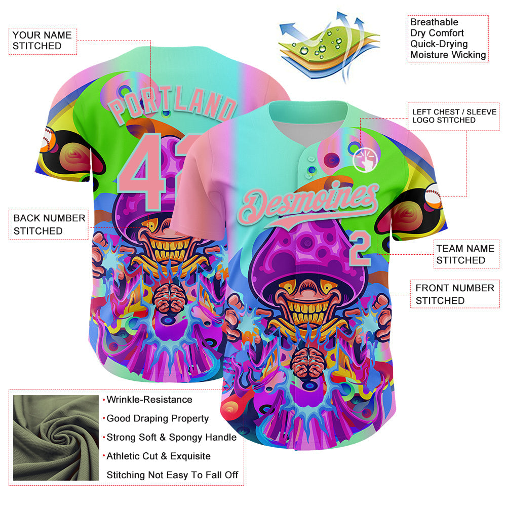 Custom Purple Medium Pink-Ice Blue 3D Pattern Design Trippy Magic Mushrooms Acid Authentic Baseball Jersey - Sky-Custom