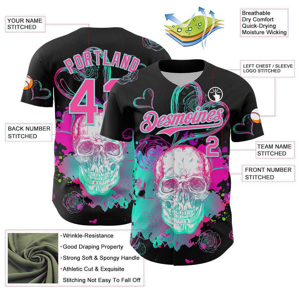 Custom Black Pink-Ice Blue 3D Pattern Design Trippy Magic Mushrooms Skull Authentic Baseball Jersey - Sky-Custom