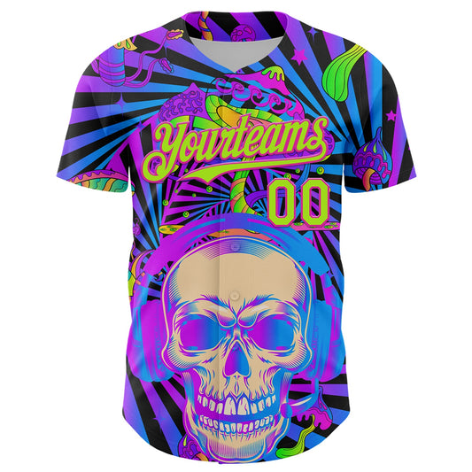 Custom Purple Neon Green-Deep Pink 3D Pattern Design Trippy Magic Mushrooms Skull Authentic Baseball Jersey - Sky-Custom