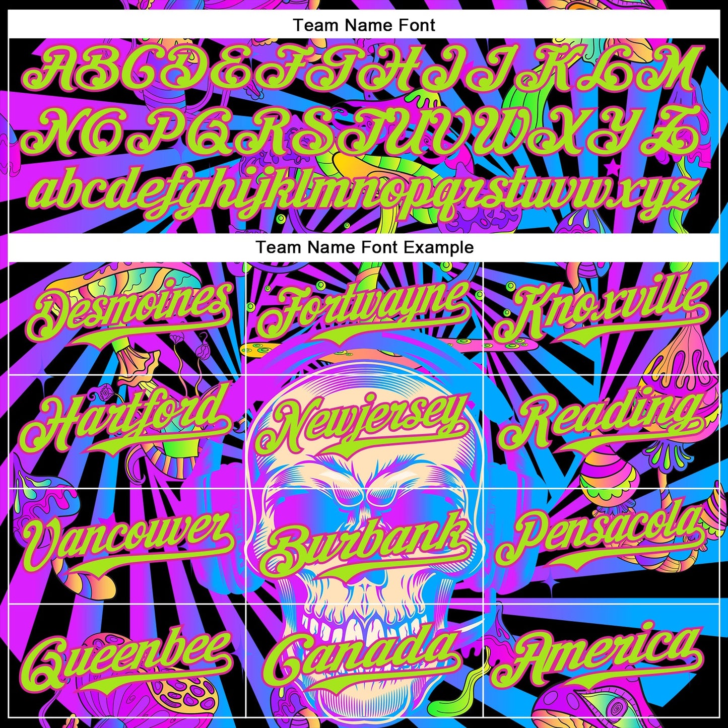 Custom Purple Neon Green-Deep Pink 3D Pattern Design Trippy Magic Mushrooms Skull Authentic Baseball Jersey - Sky-Custom