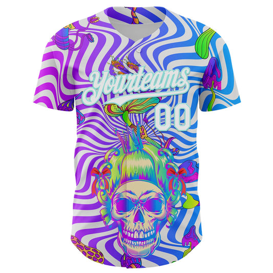 Custom Purple White-Ice Blue 3D Pattern Design Trippy Magic Mushrooms Skull Authentic Baseball Jersey - Sky-Custom