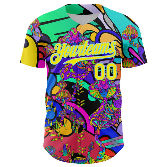 Custom Green Light Yellow-Ice Blue 3D Pattern Design Trippy Magic Mushrooms Hippie Authentic Baseball Jersey - Sky-Custom