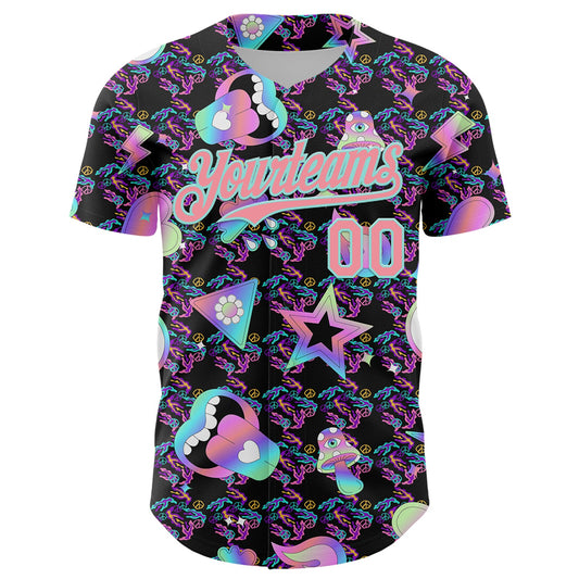 Custom Black Medium Pink-Ice Blue 3D Pattern Design Trippy Magic Mushrooms Peace Sign Authentic Baseball Jersey - Sky-Custom