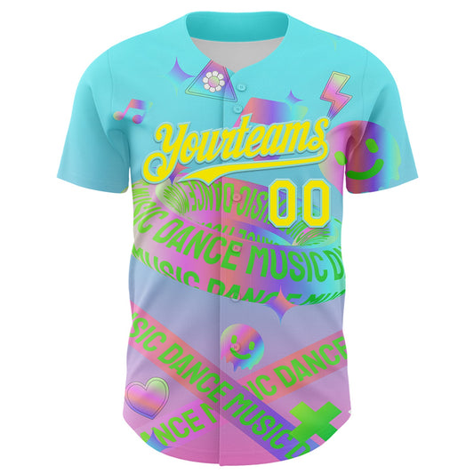Custom Blue Light Yellow-Ice Blue 3D Pattern Design Trippy Dance Music Acid Authentic Baseball Jersey - Sky-Custom