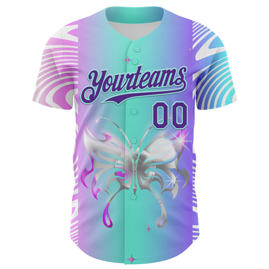 Custom Blue Purple-Ice Blue 3D Pattern Design Trippy Acid Butterfly Authentic Baseball Jersey - Sky-Custom
