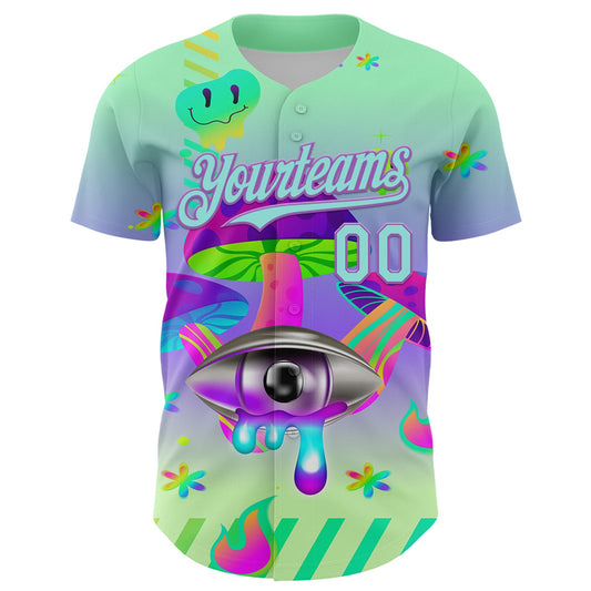 Custom Green Ice Blue-Medium Purple 3D Pattern Design Trippy Magic Mushrooms Acid Authentic Baseball Jersey - Sky-Custom