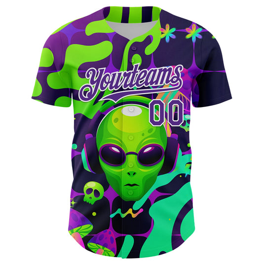 Custom Black Purple-White 3D Pattern Design Trippy Skull Alien Authentic Baseball Jersey - Sky-Custom