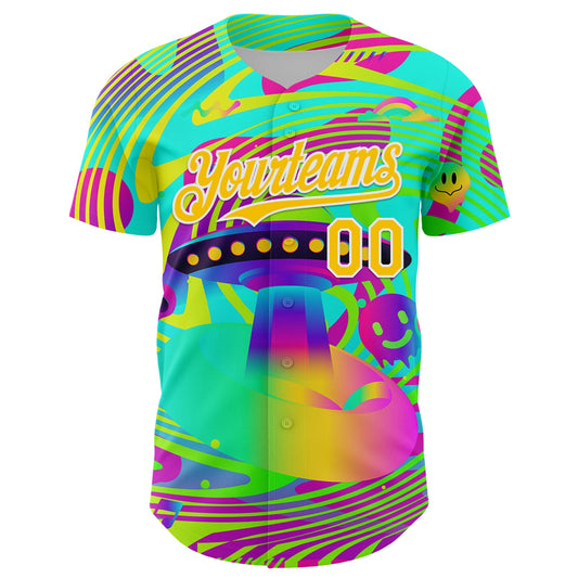 Custom Green Yellow-White 3D Pattern Design Trippy Acid UFO Authentic Baseball Jersey - Sky-Custom