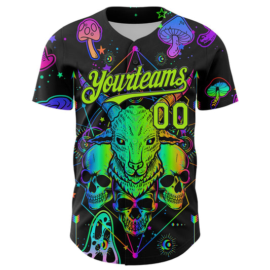 Custom Black Neon Green 3D Pattern Design Trippy Magic Mushrooms Goat Skull Authentic Baseball Jersey - Sky-Custom