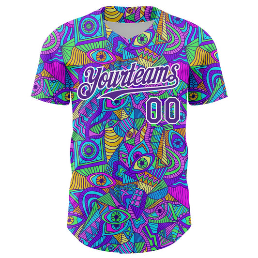 Custom Purple White 3D Pattern Design Trippy Psychedelic Eyes Authentic Baseball Jersey - Sky-Custom