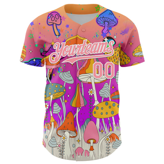 Custom Pink Medium Pink Purple-White 3D Pattern Design Trippy Magic Mushrooms Hippie Authentic Baseball Jersey - Sky-Custom