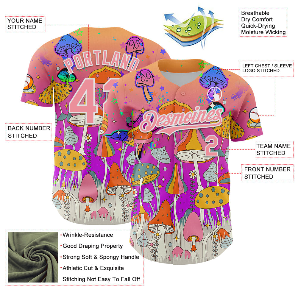 Custom Pink Medium Pink Purple-White 3D Pattern Design Trippy Magic Mushrooms Hippie Authentic Baseball Jersey - Sky-Custom