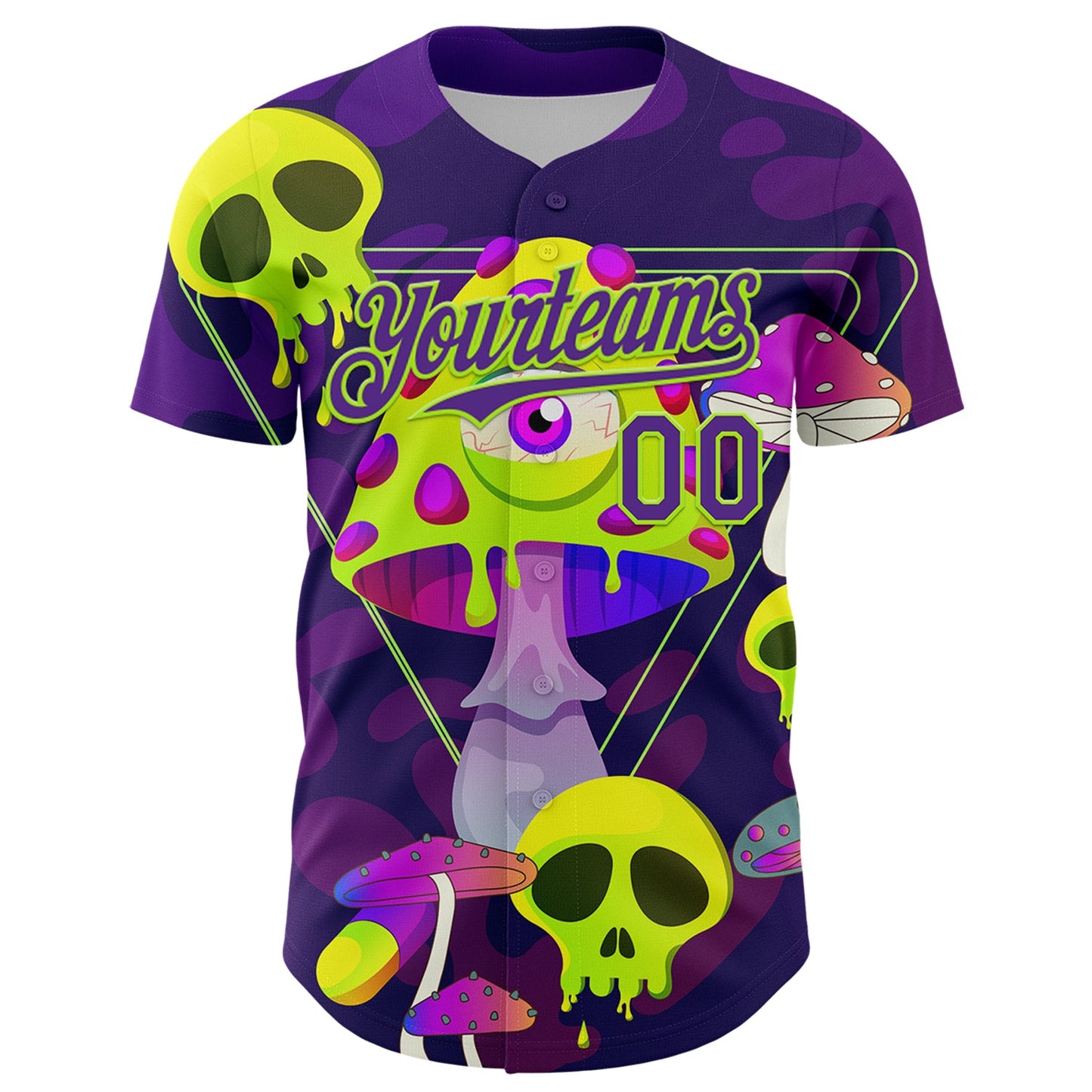 Custom Black Purple-Neon Green 3D Pattern Design Trippy Magic Mushrooms Skull Authentic Baseball Jersey - Sky-Custom