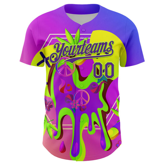 Custom Purple Neon Green 3D Pattern Design Trippy Psychedelic Peace Sign Authentic Baseball Jersey - Sky-Custom