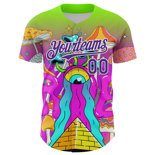 Custom Green Purple-White 3D Pattern Design Trippy Magic Mushrooms Acid Authentic Baseball Jersey - Sky-Custom