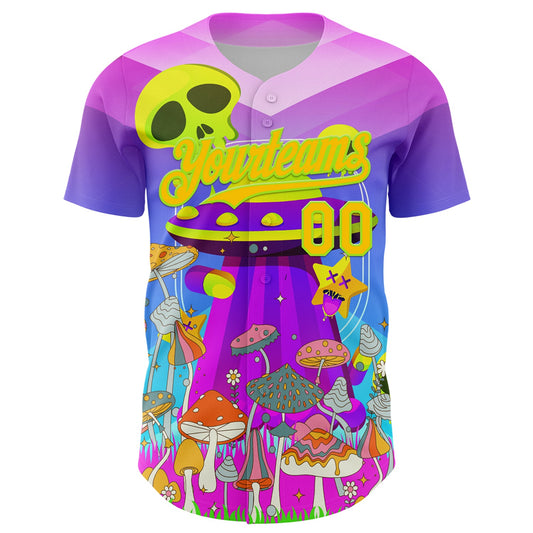 Custom Purple Yellow-Neon Green 3D Pattern Design Trippy Magic Mushrooms Alien Authentic Baseball Jersey - Sky-Custom