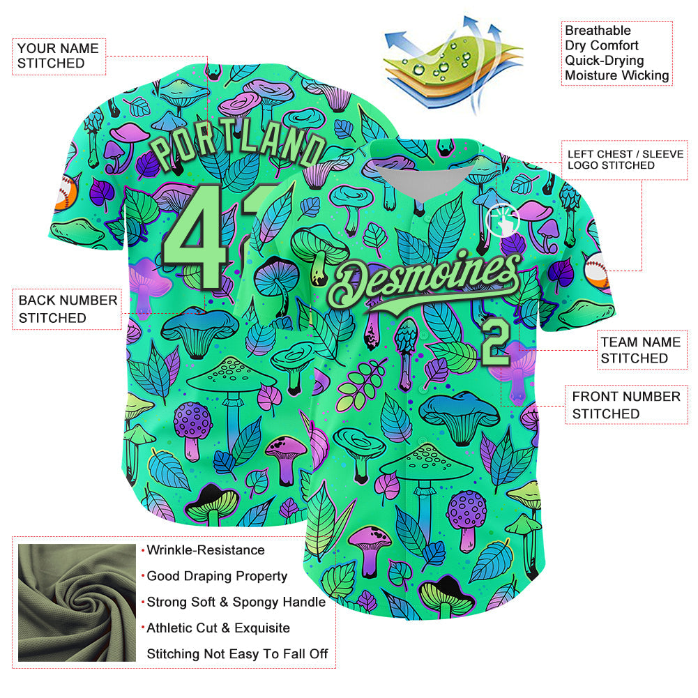 Custom Green Pea Green-Black 3D Pattern Design Trippy Magic Mushrooms Plant Authentic Baseball Jersey - Sky-Custom