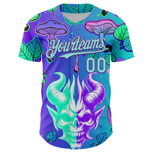 Custom Blue Ice Blue-Purple 3D Pattern Design Trippy Magic Mushrooms Demon Skull Authentic Baseball Jersey - Sky-Custom