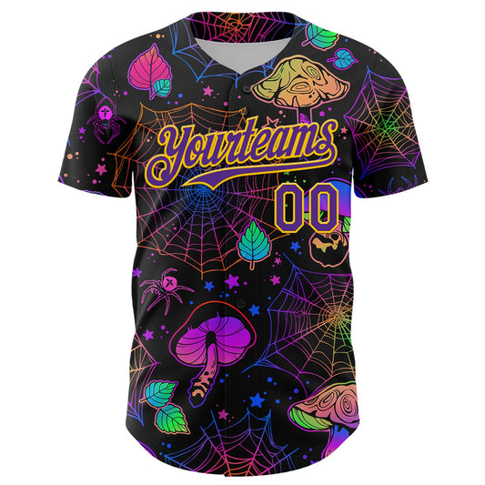 Custom Black Purple-Yellow 3D Pattern Design Trippy Magic Mushrooms Spider Web Authentic Baseball Jersey - Sky-Custom
