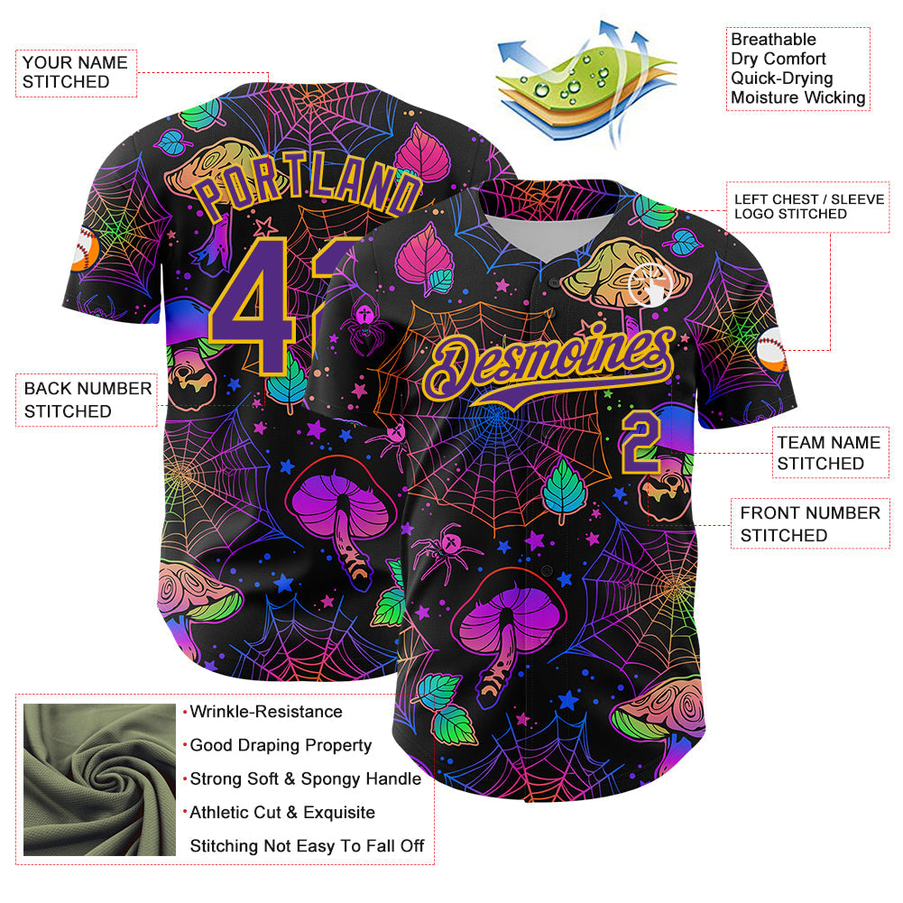 Custom Black Purple-Yellow 3D Pattern Design Trippy Magic Mushrooms Spider Web Authentic Baseball Jersey - Sky-Custom