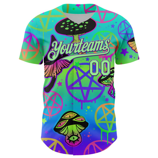 Custom Blue Pea Green-Purple 3D Pattern Design Trippy Magic Mushrooms Pentacle Authentic Baseball Jersey - Sky-Custom