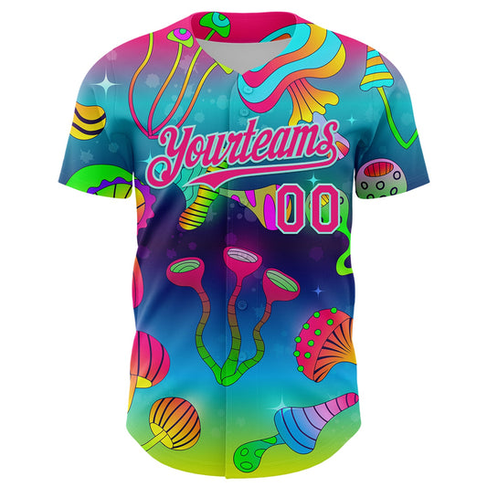 Custom Blue Hot Pink-Ice Blue 3D Pattern Design Trippy Psychedelic Magic Mushrooms Authentic Baseball Jersey - Sky-Custom