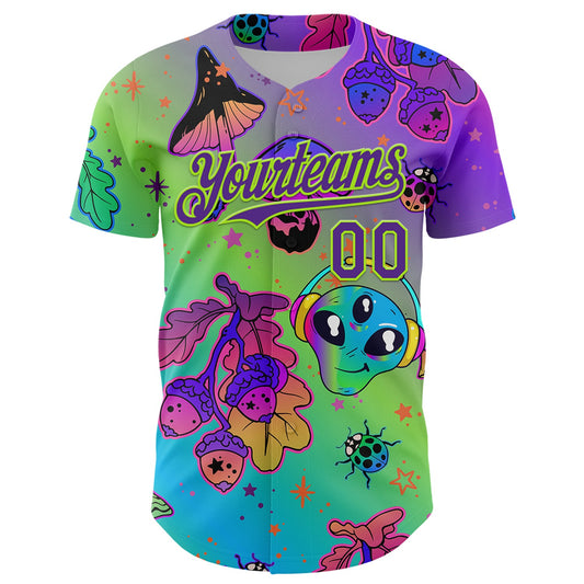 Custom Purple Neon Green 3D Pattern Design Trippy Magic Mushrooms Alien Authentic Baseball Jersey - Sky-Custom