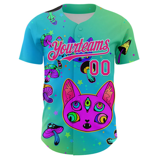 Custom Green Hot Pink-Ice Blue 3D Pattern Design Trippy Magic Mushrooms Cats Authentic Baseball Jersey - Sky-Custom