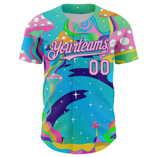 Custom Navy Light Pink-Purple 3D Pattern Design Trippy Psychedelic Magic Mushrooms Authentic Baseball Jersey - Sky-Custom
