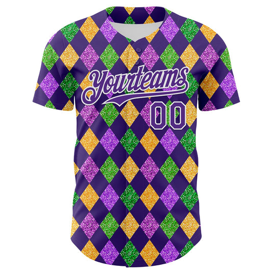 Custom Purple White 3D Pattern Design Mardi Gras Shrove Tuesday Authentic Baseball Jersey - Sky-Custom
