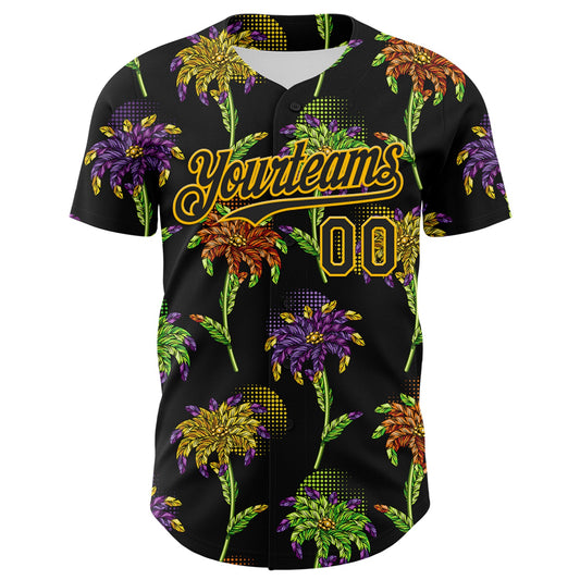 Custom Black Gold 3D Pattern Design Mardi Gras Shrove Tuesday Authentic Baseball Jersey - Sky-Custom