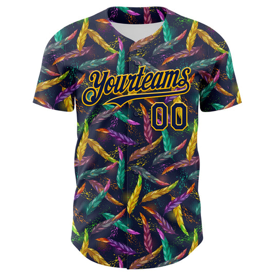 Custom Navy Gold 3D Pattern Design Mardi Gras Shrove Tuesday Authentic Baseball Jersey - Sky-Custom